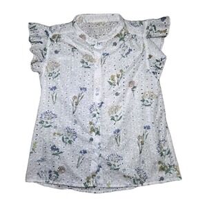 Adiva White Eyelet Floral Blouse‎ Short Sleeve Women's Small
